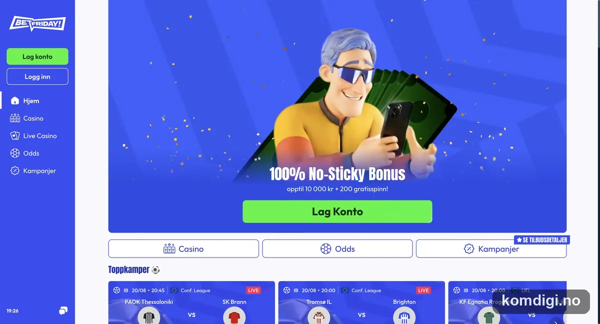 Skjermbilde av forsiden til Betfriday Casino med velkomsttilbudet