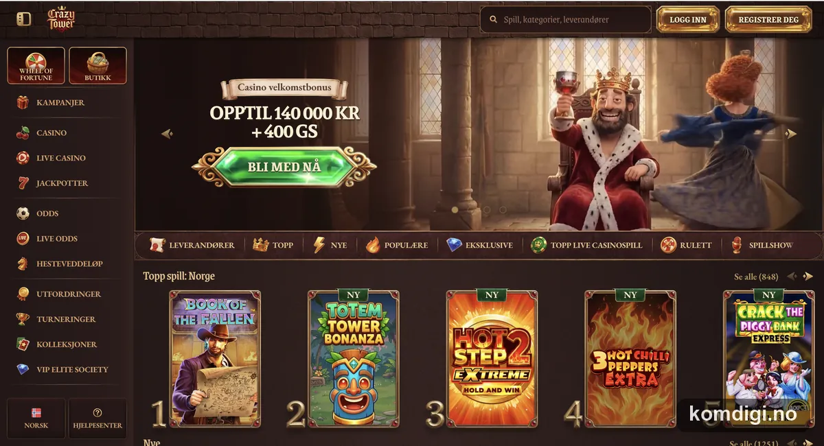 Skjermbilde av forsiden til Crazytower Casino med velkomsttilbudet