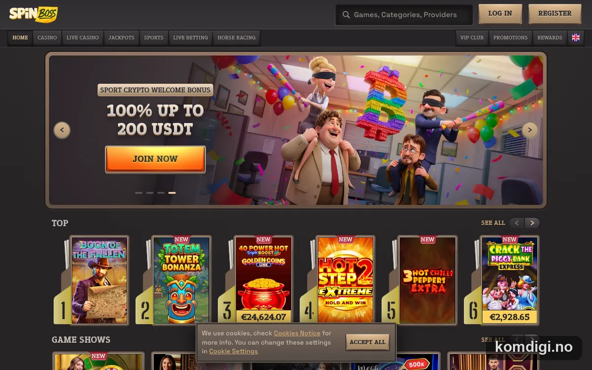 Skjermbilde av forsiden til Spinboss Casino med velkomsttilbudet