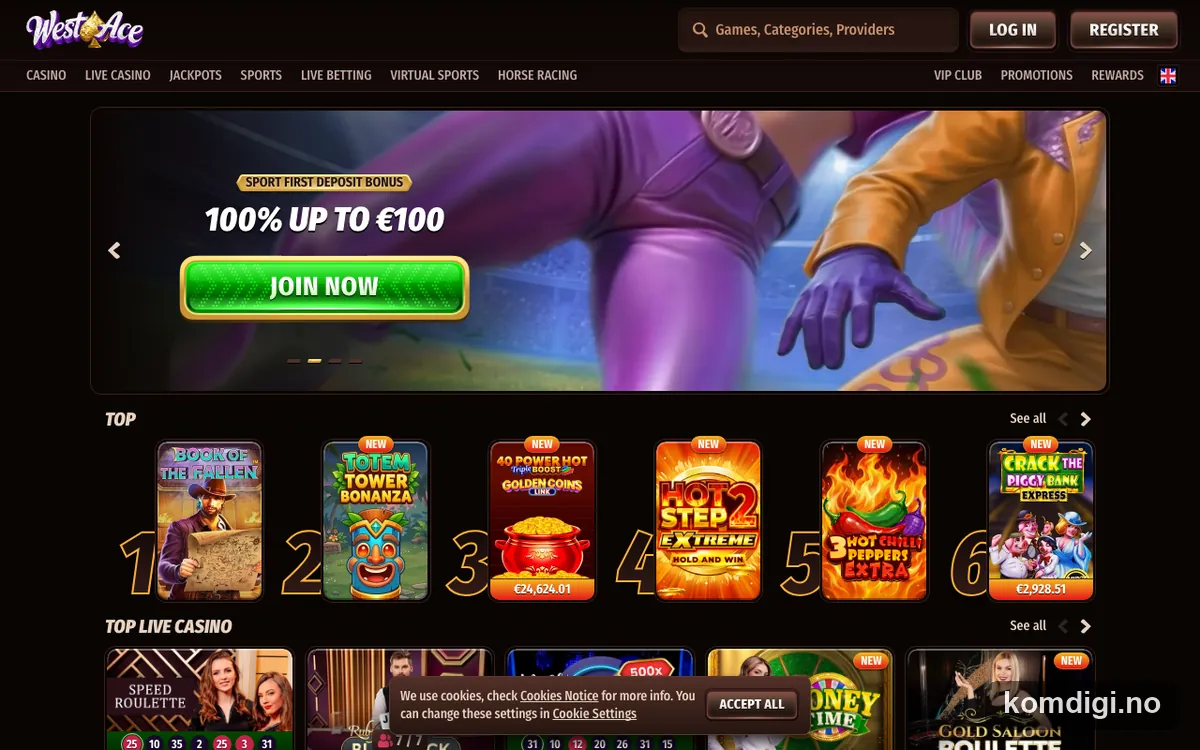 Skjermbilde av forsiden til Westace Casino med velkomsttilbudet